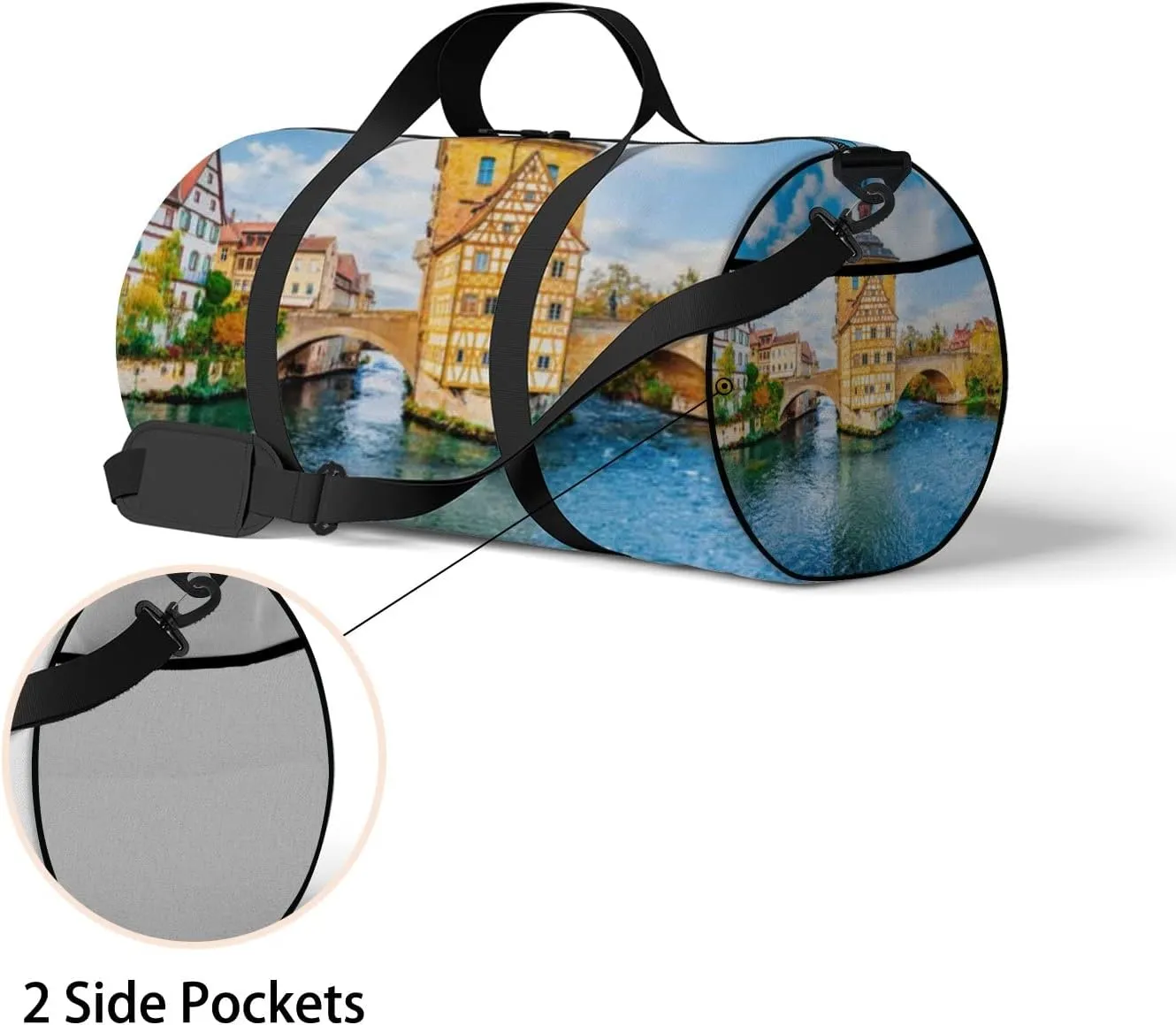 Blue Old Town Bamberg Bavaria Germany Romantic Sports Bag Tote Bag Waterproof Gym Bag with Shoulder Strap Zipper 2 Side Pockets for Men and Women, Travel and Storage Shoulder Bag.