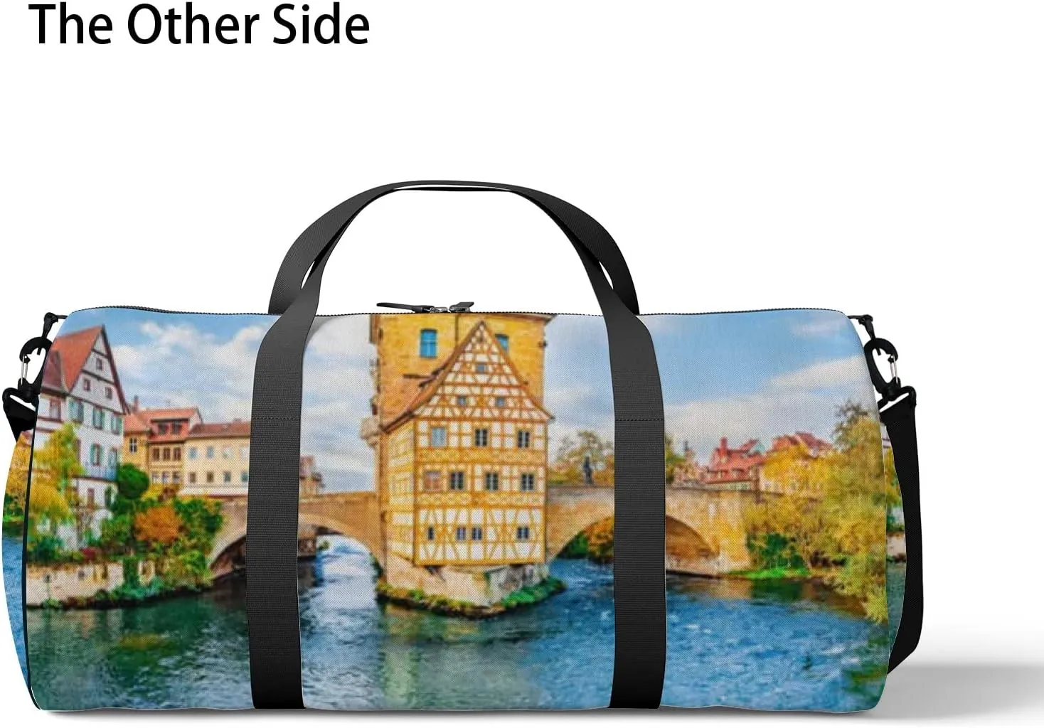Blue Old Town Bamberg Bavaria Germany Romantic Sports Bag Tote Bag Waterproof Gym Bag with Shoulder Strap Zipper 2 Side Pockets for Men and Women, Travel and Storage Shoulder Bag.