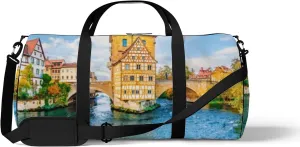 Blue Old Town Bamberg Bavaria Germany Romantic Sports Bag Tote Bag Waterproof Gym Bag with Shoulder Strap Zipper 2 Side Pockets for Men and Women, Travel and Storage Shoulder Bag.