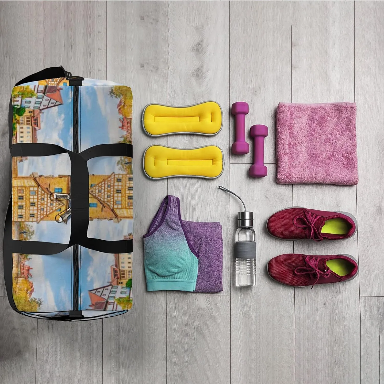 Blue Old Town Bamberg Bavaria Germany Romantic Sports Bag Tote Bag Waterproof Gym Bag with Shoulder Strap Zipper 2 Side Pockets for Men and Women, Travel and Storage Shoulder Bag.