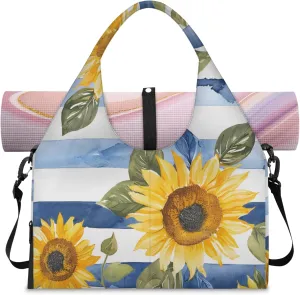 Blue striped sunflower Women's Yoga Gym Bag - Adjustable shoulder strap with shoe compartment, large gym bag with multiple pockets for yoga mat, gym equipment and travel accessories