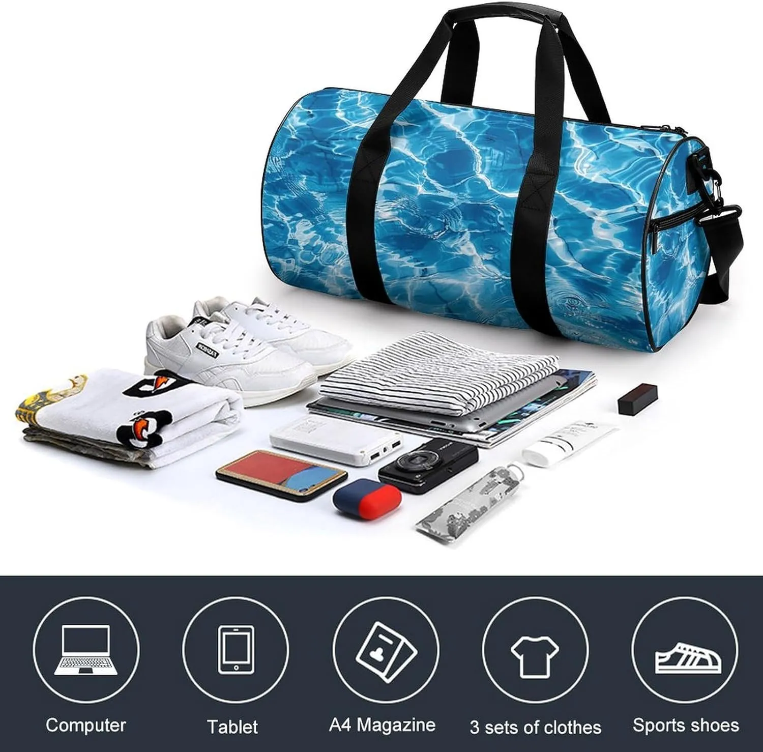 Blue Water Ripples Gym Bag Small Travel Duffle Bag with Compartment Carry On Weekender Bag for Women Men