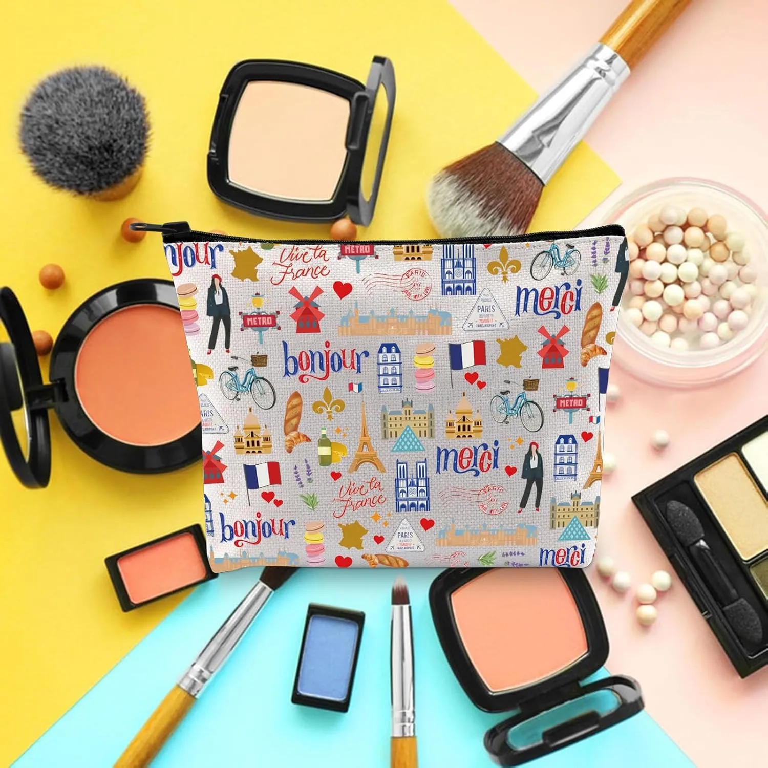 BLUPARK Paris Makeup Bag France Collage Bags Cute Paris Sightseeing Souvenir Gifts Paris Landmarks Zipper Bag French Themed Bag (CB, Bonjour Merci)
