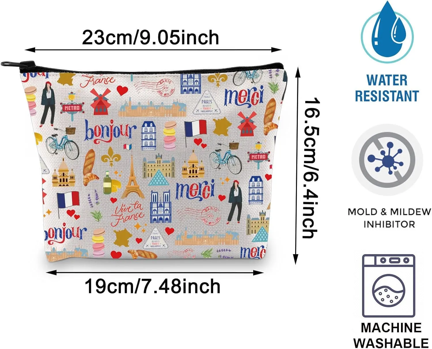 BLUPARK Paris Makeup Bag France Collage Bags Cute Paris Sightseeing Souvenir Gifts Paris Landmarks Zipper Bag French Themed Bag (CB, Bonjour Merci)