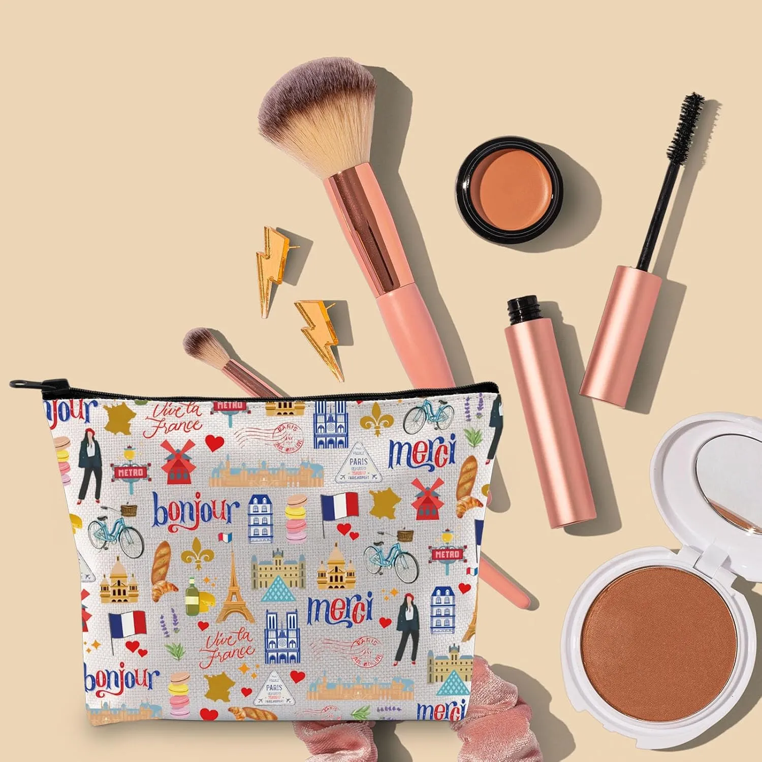 BLUPARK Paris Makeup Bag France Collage Bags Cute Paris Sightseeing Souvenir Gifts Paris Landmarks Zipper Bag French Themed Bag (CB, Bonjour Merci)