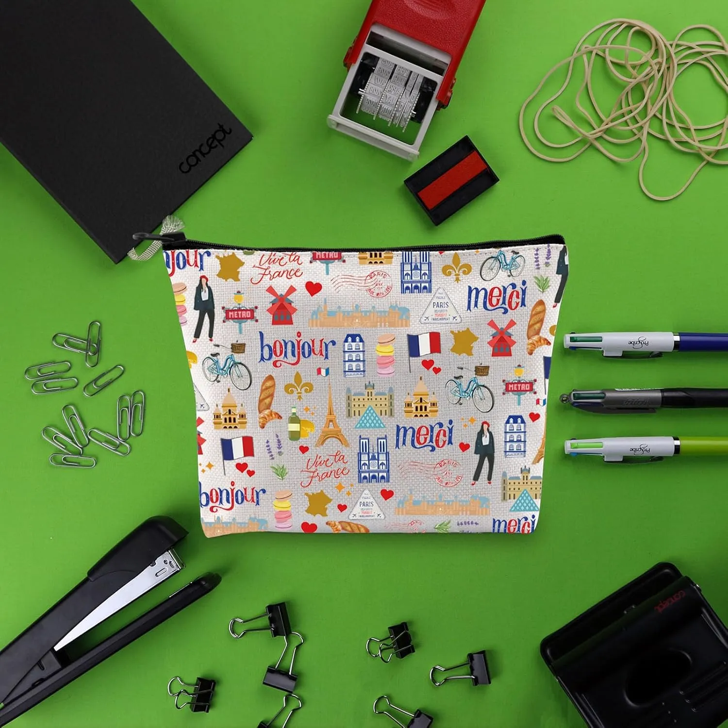 BLUPARK Paris Makeup Bag France Collage Bags Cute Paris Sightseeing Souvenir Gifts Paris Landmarks Zipper Bag French Themed Bag (CB, Bonjour Merci)