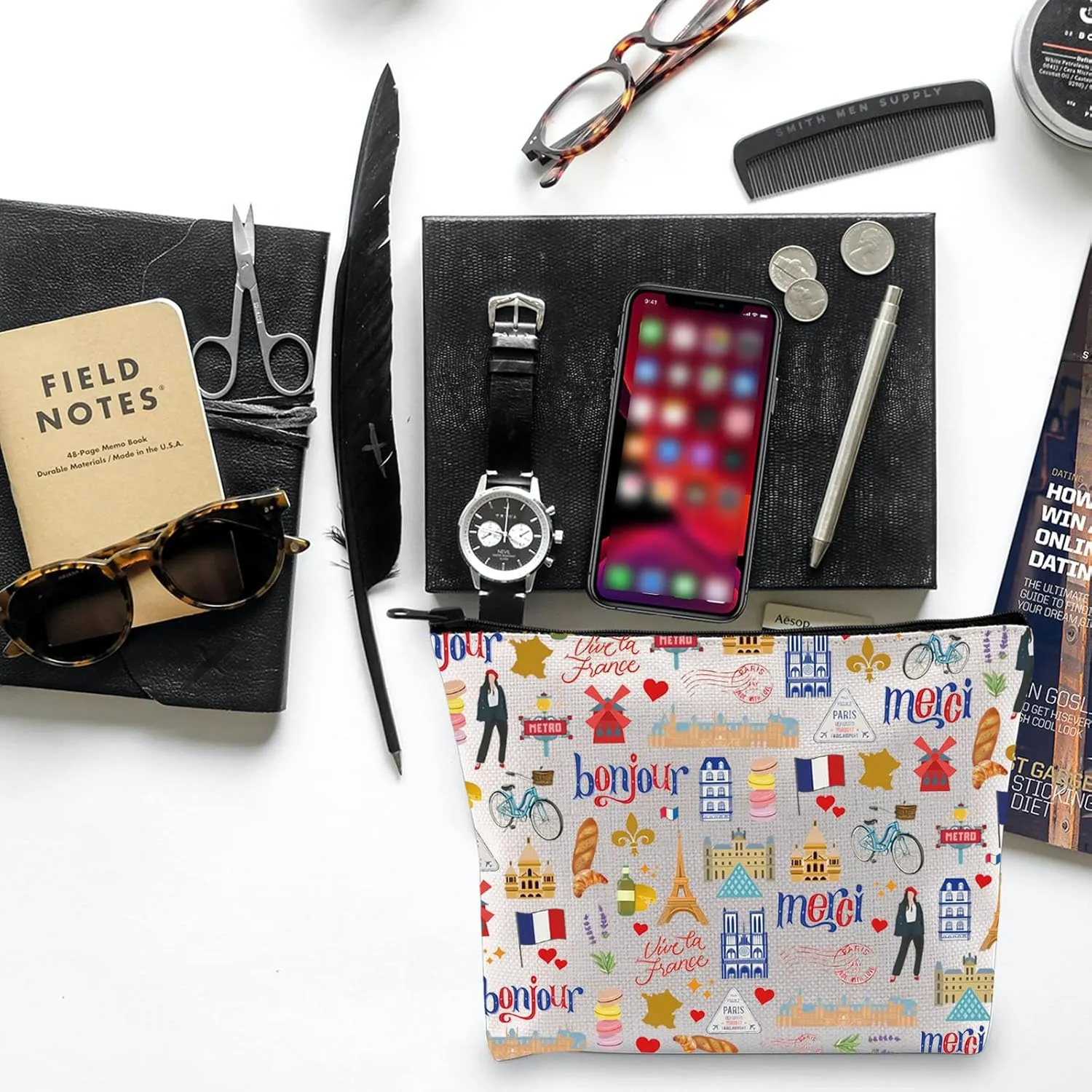 BLUPARK Paris Makeup Bag France Collage Bags Cute Paris Sightseeing Souvenir Gifts Paris Landmarks Zipper Bag French Themed Bag (CB, Bonjour Merci)