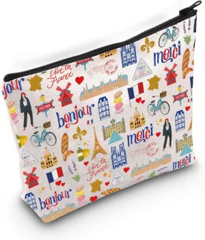 BLUPARK Paris Makeup Bag France Collage Bags Cute Paris Sightseeing Souvenir Gifts Paris Landmarks Zipper Bag French Themed Bag (CB, Bonjour Merci)