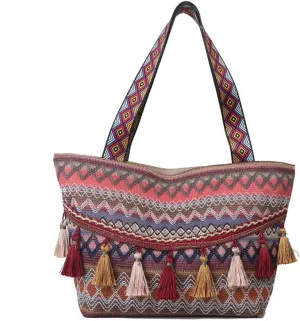 Bohemian Tote Bag with Tassels, Canvas Shoulder Bag, Ethnic Pattern, Multicolor