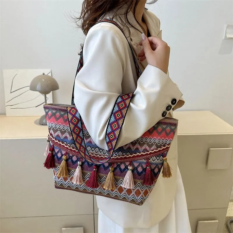 Bohemian Tote Bag with Tassels, Canvas Shoulder Bag, Ethnic Pattern, Multicolor