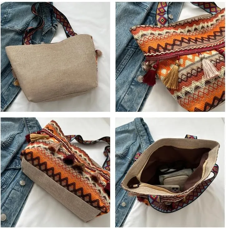 Bohemian Tote Bag with Tassels, Canvas Shoulder Bag, Ethnic Pattern, Multicolor