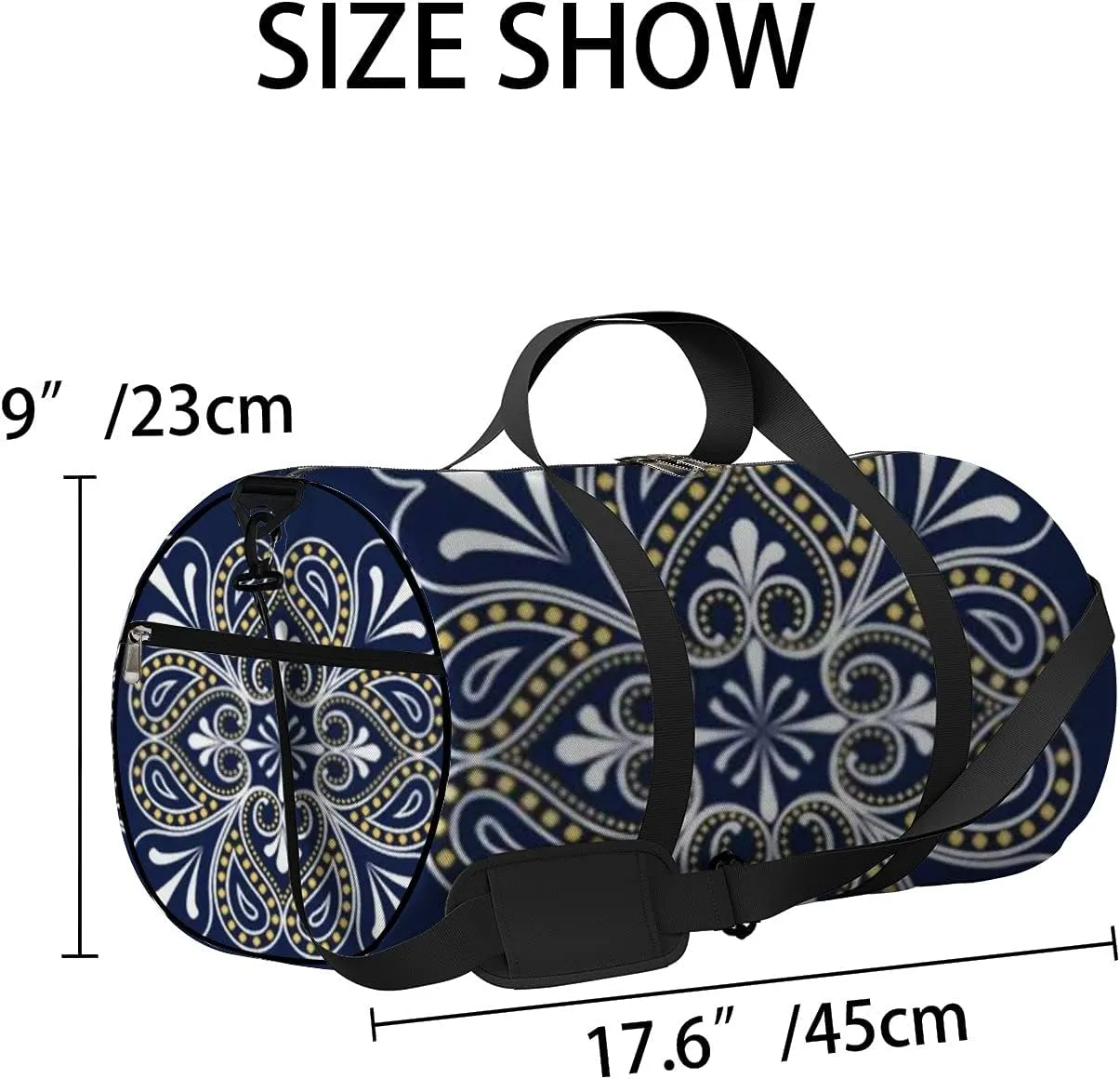 Boho Flowers on Retro Navy Blue Sports Bag Tote Bag Waterproof Gym Bag with Shoulder Strap Zipper 2 Side Pockets for Men and Women, Travel and Storage Shoulder Bag.