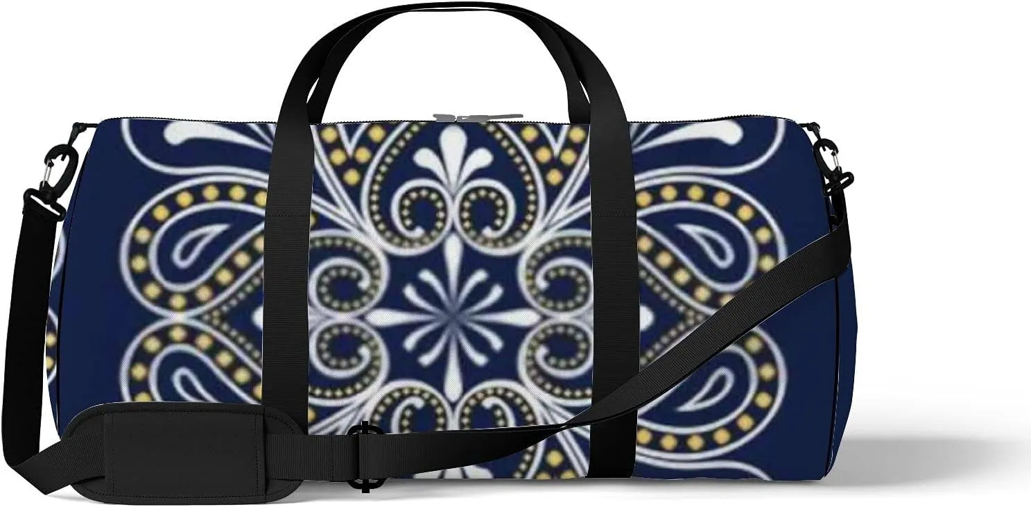 Boho Flowers on Retro Navy Blue Sports Bag Tote Bag Waterproof Gym Bag with Shoulder Strap Zipper 2 Side Pockets for Men and Women, Travel and Storage Shoulder Bag.