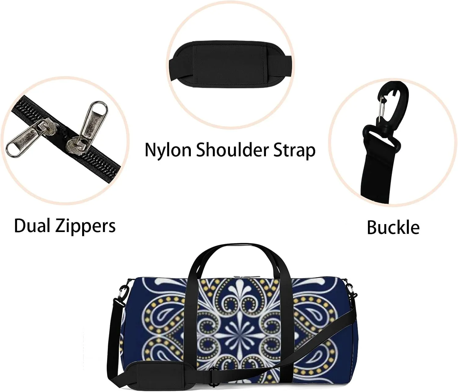 Boho Flowers on Retro Navy Blue Sports Bag Tote Bag Waterproof Gym Bag with Shoulder Strap Zipper 2 Side Pockets for Men and Women, Travel and Storage Shoulder Bag.