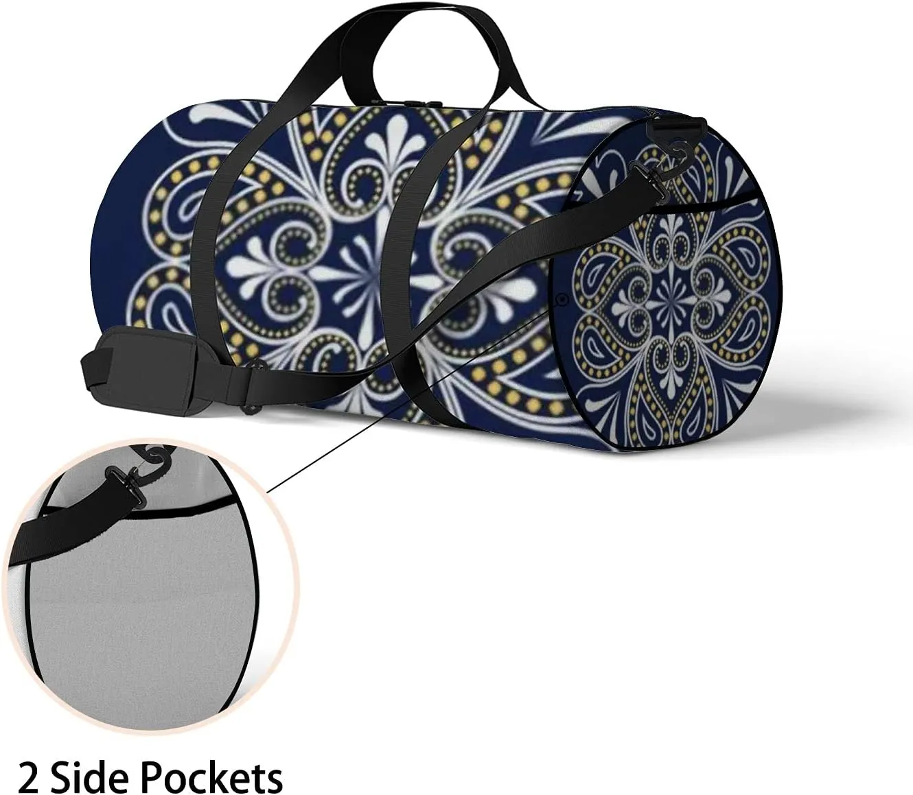 Boho Flowers on Retro Navy Blue Sports Bag Tote Bag Waterproof Gym Bag with Shoulder Strap Zipper 2 Side Pockets for Men and Women, Travel and Storage Shoulder Bag.