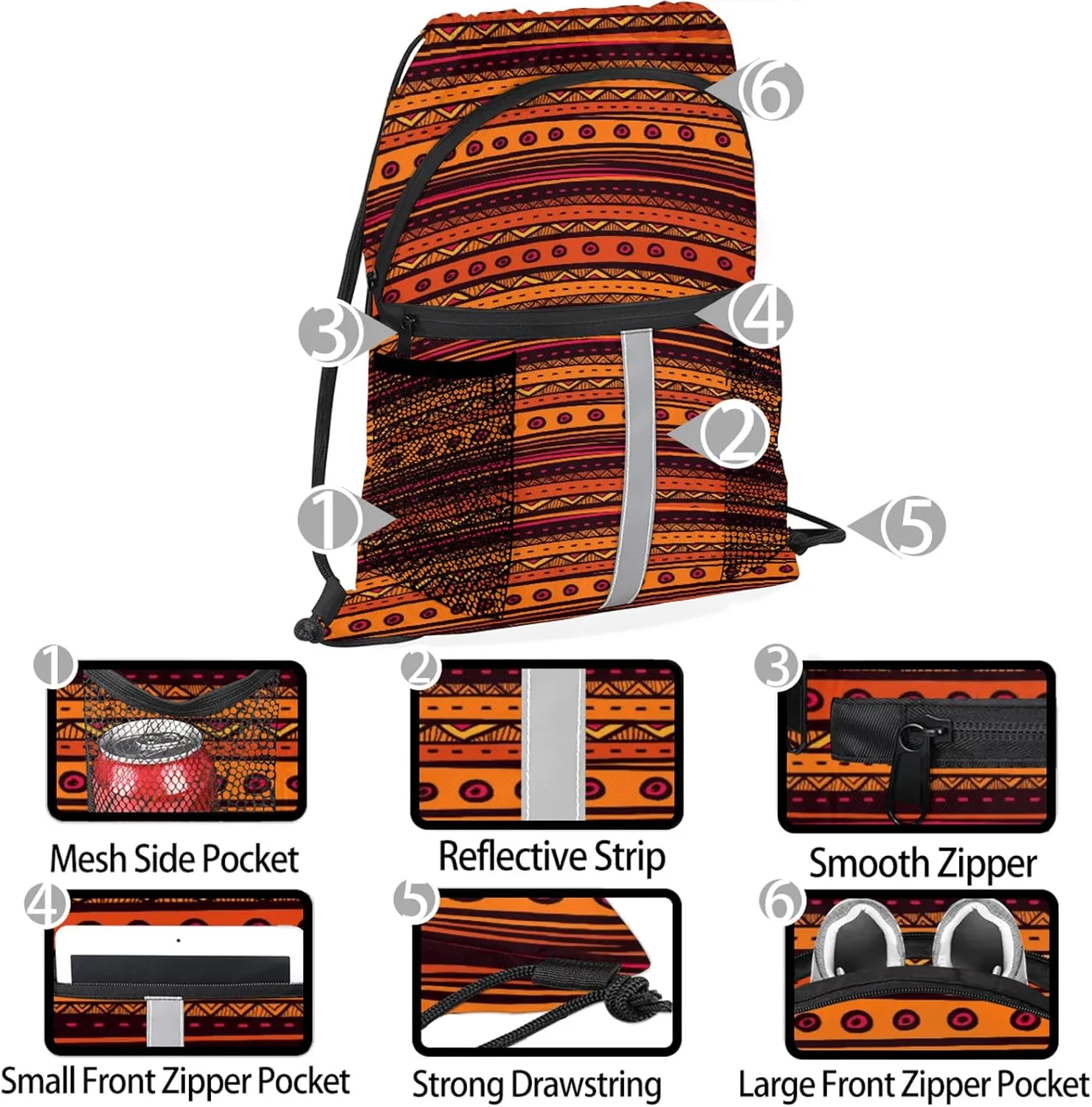 Boho Striped Drawstring Backpack Waterproof String Bag Sports Gym Sackpack with Side Pocket for Men and Women