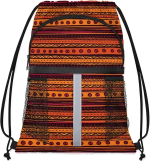 Boho Striped Drawstring Backpack Waterproof String Bag Sports Gym Sackpack with Side Pocket for Men and Women