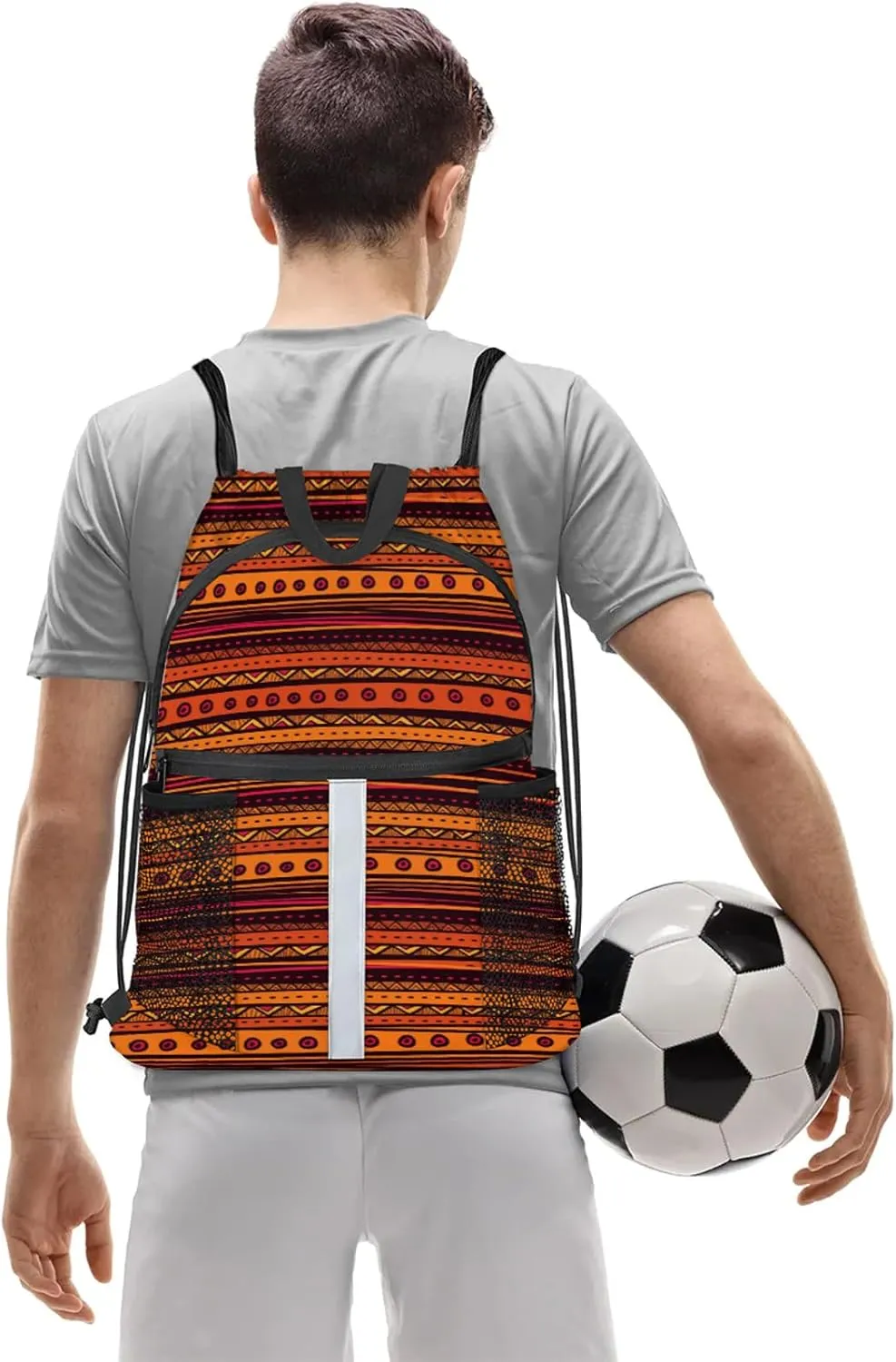 Boho Striped Drawstring Backpack Waterproof String Bag Sports Gym Sackpack with Side Pocket for Men and Women