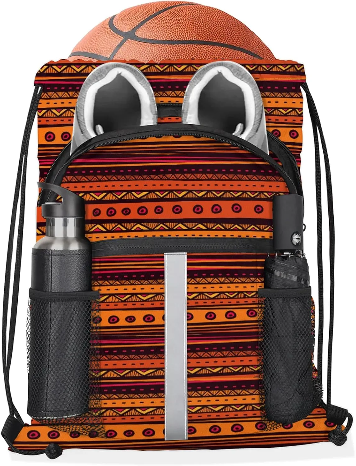 Boho Striped Drawstring Backpack Waterproof String Bag Sports Gym Sackpack with Side Pocket for Men and Women