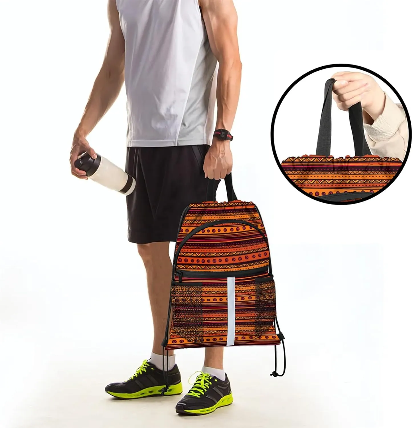 Boho Striped Drawstring Backpack Waterproof String Bag Sports Gym Sackpack with Side Pocket for Men and Women