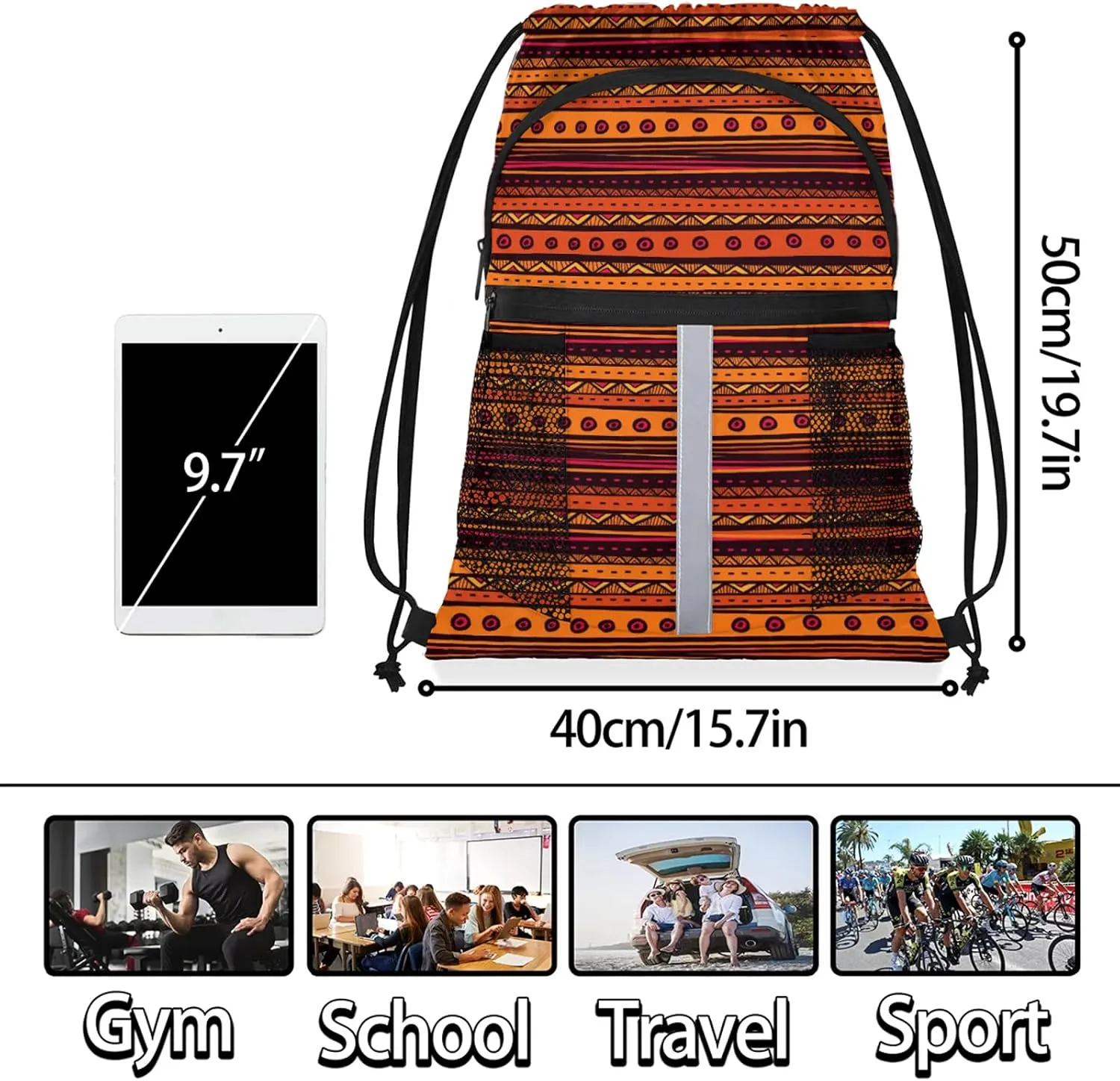 Boho Striped Drawstring Backpack Waterproof String Bag Sports Gym Sackpack with Side Pocket for Men and Women
