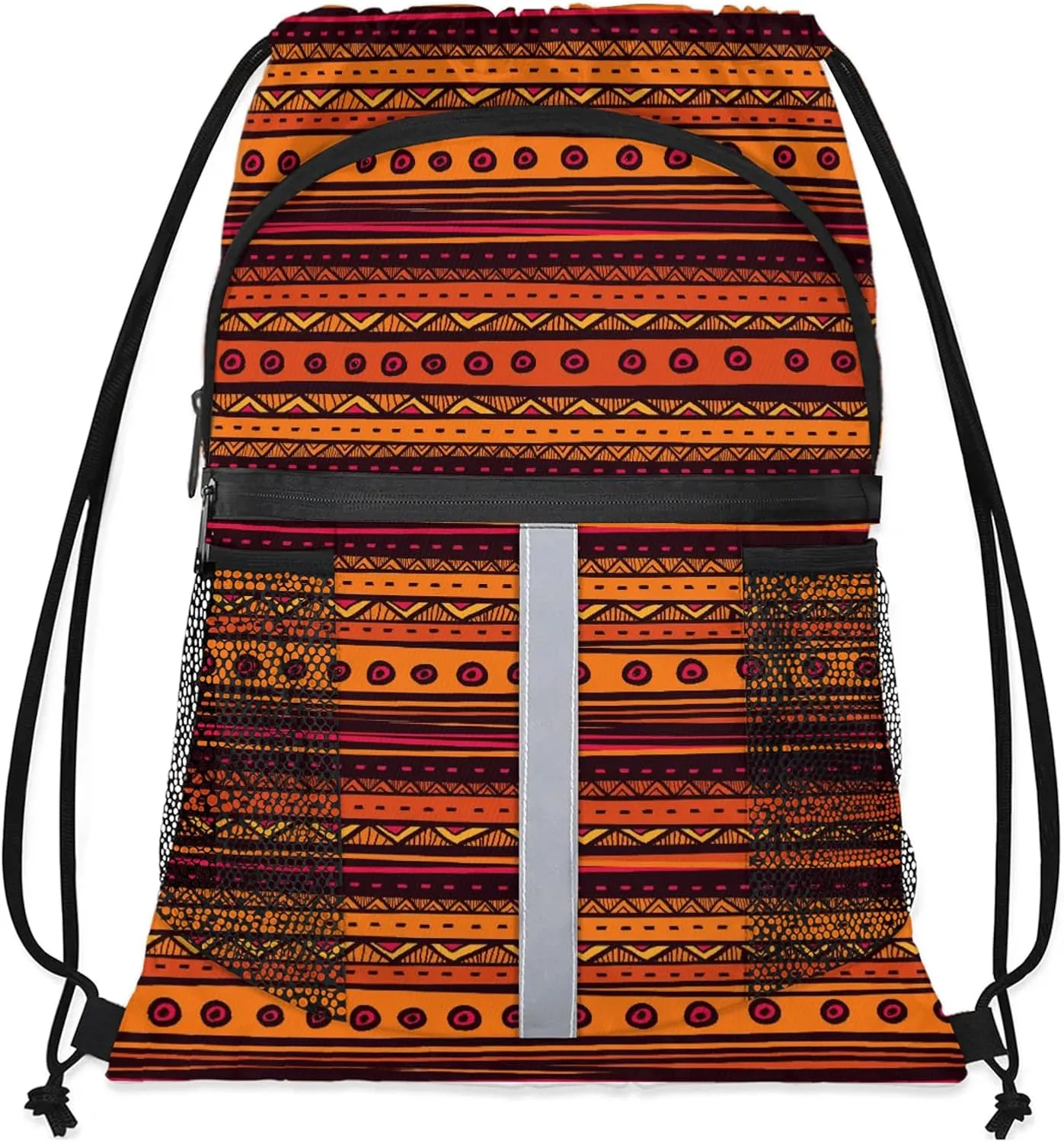 Boho Striped Drawstring Backpack Waterproof String Bag Sports Gym Sackpack with Side Pocket for Men and Women