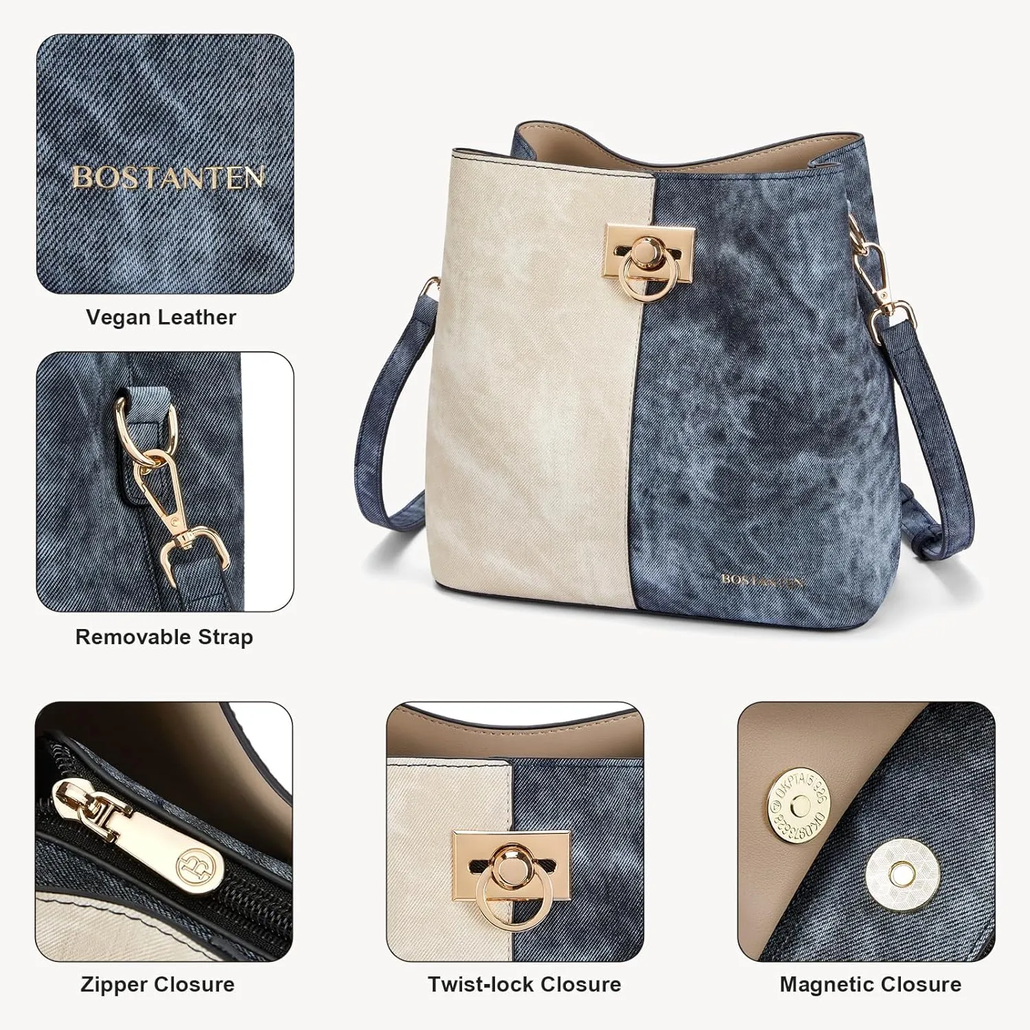 BOSTANTEN Crossbody Bucket Shoulder Bags for Women Vegan Leather Purse Cross Body Handbag Multiple Pockets