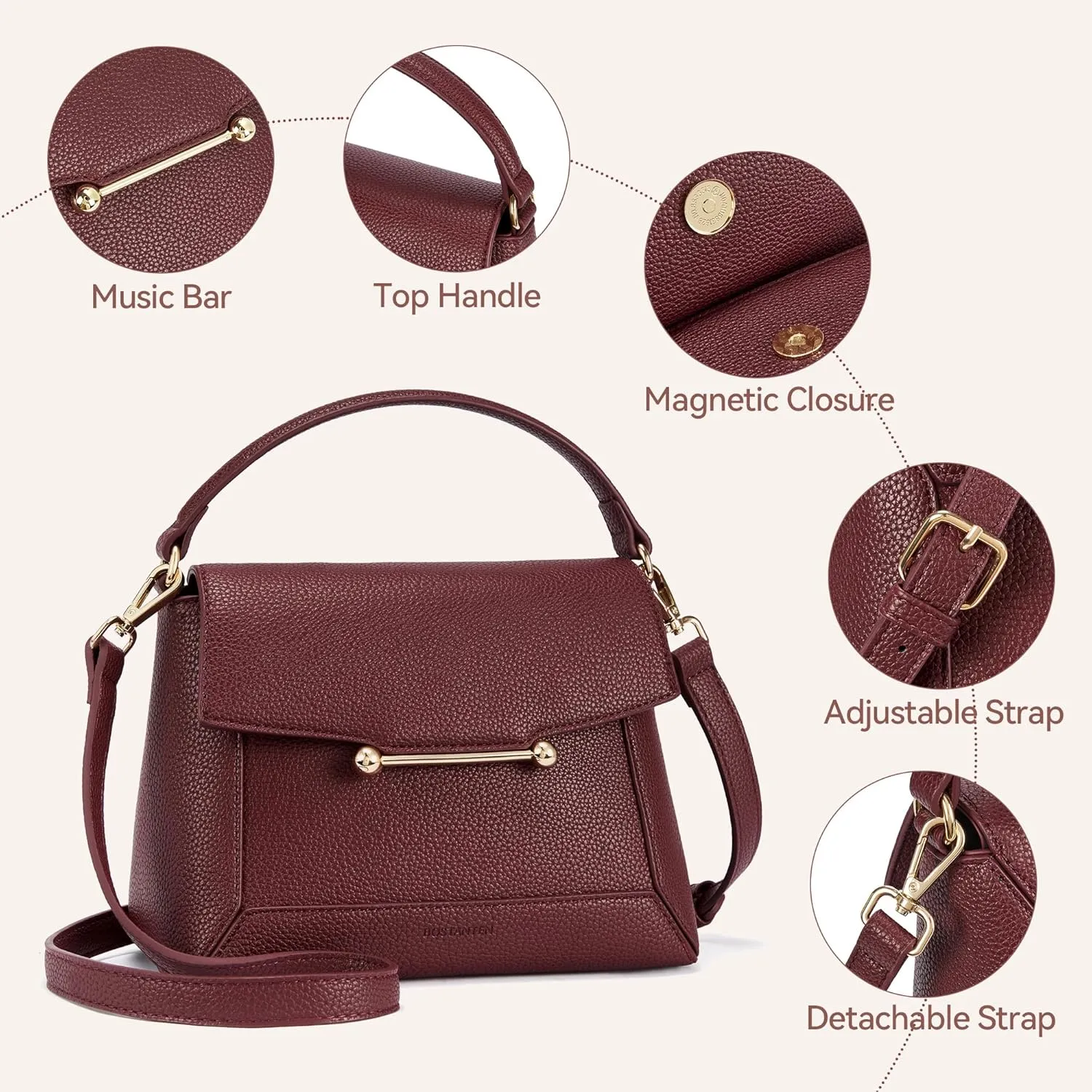 BOSTANTEN Small Crossbody Bags for Women Trendy Top Handle Shoulder Purse Vegan Leather Handbags with Flap
