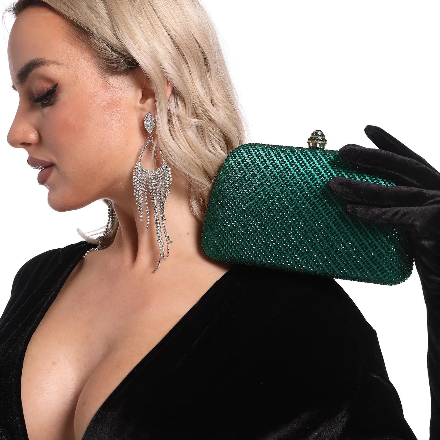 Boutique De FGG D Shape Women Crystal Evening Bags Formal Parties and Weddings Chic Clutch Purse Rhinestone Handbags, Mini