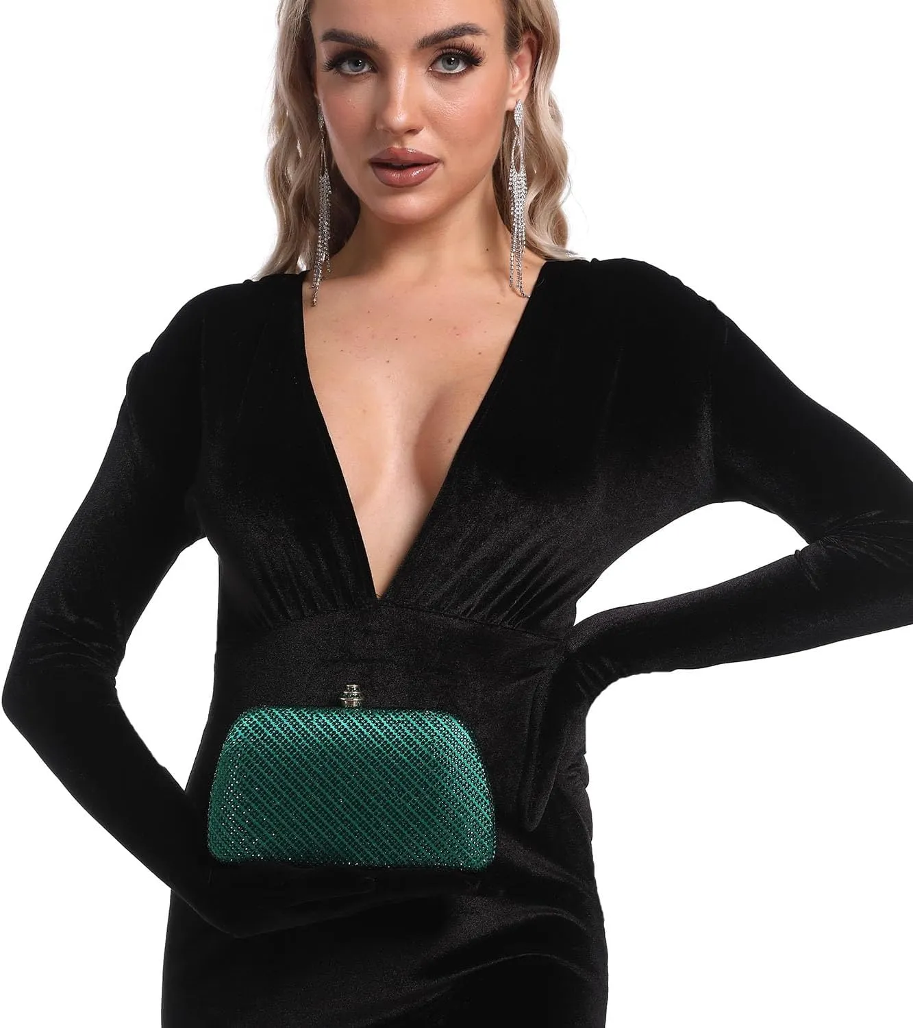 Boutique De FGG D Shape Women Crystal Evening Bags Formal Parties and Weddings Chic Clutch Purse Rhinestone Handbags, Mini