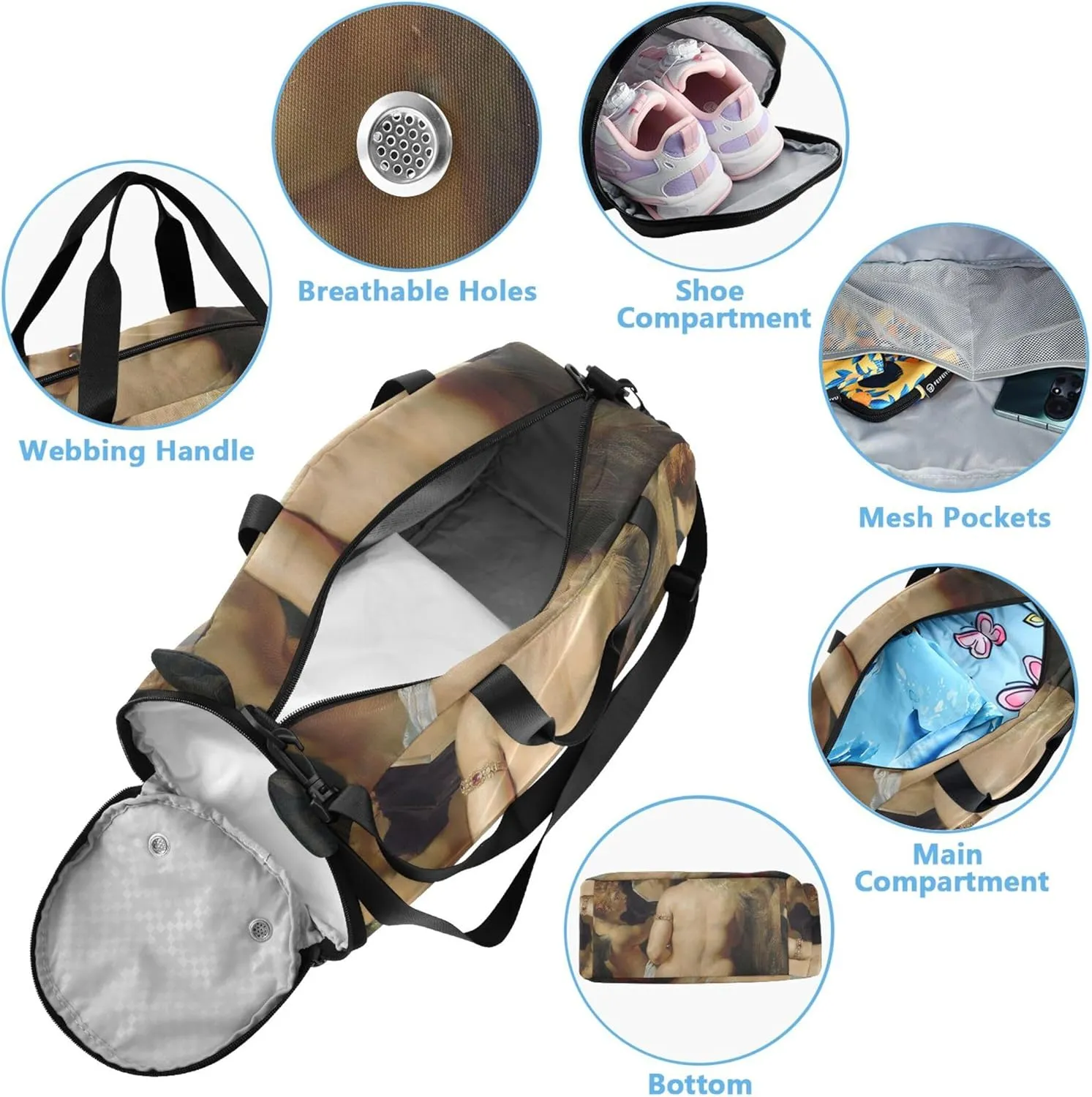 Boys Carry on Duffel Bag Rubens Art Venus Mirror Painting Overnight Weekender Duffel Girls Duffle Bags for Travel Shoe Compartment