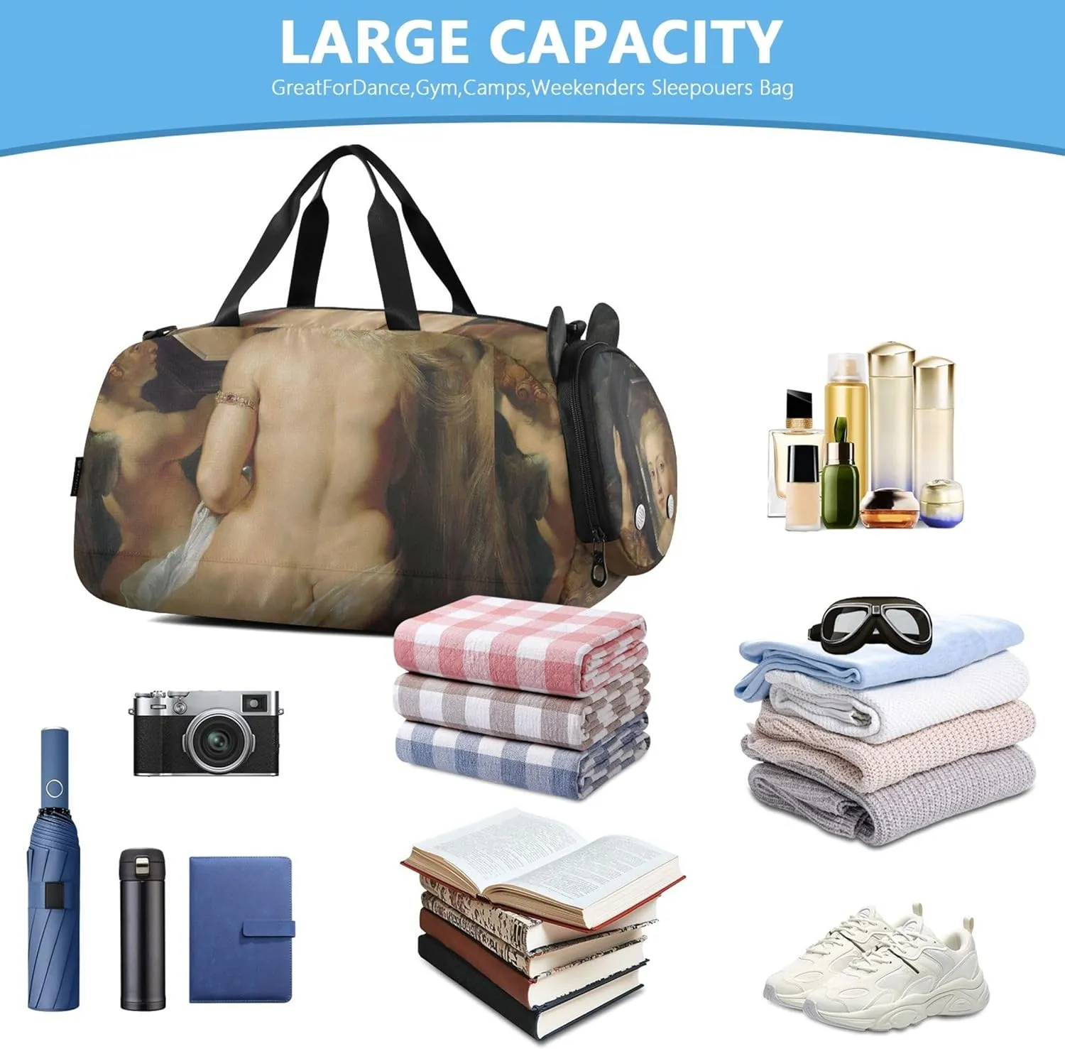 Boys Carry on Duffel Bag Rubens Art Venus Mirror Painting Overnight Weekender Duffel Girls Duffle Bags for Travel Shoe Compartment