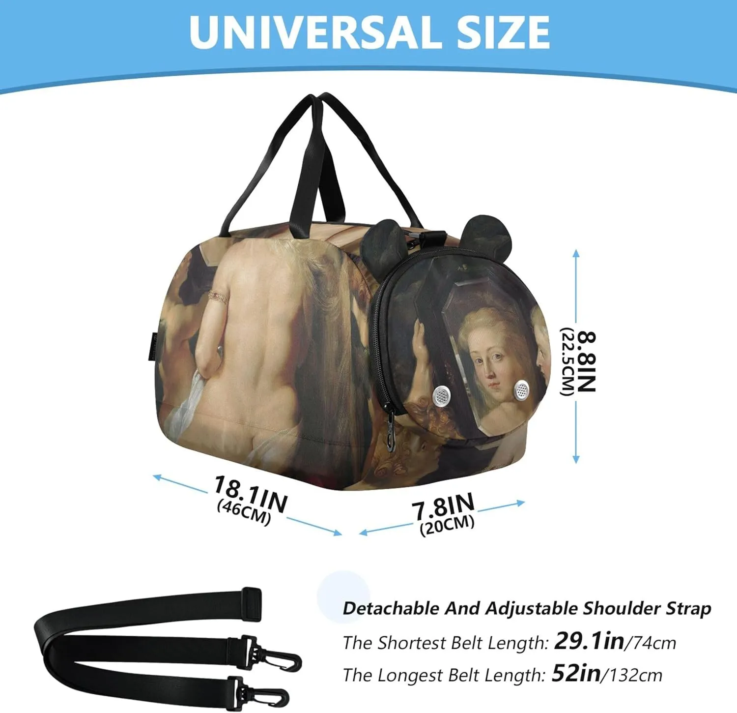 Boys Carry on Duffel Bag Rubens Art Venus Mirror Painting Overnight Weekender Duffel Girls Duffle Bags for Travel Shoe Compartment