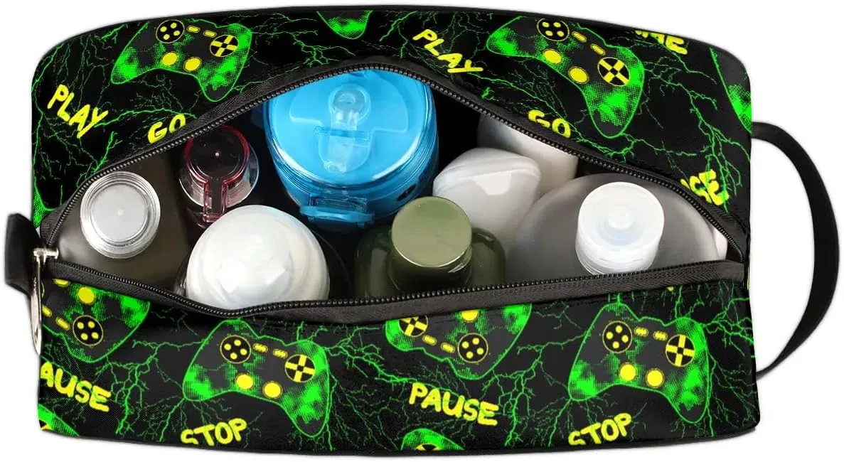 Boys Travel Toiletry Bag, Kids Waterproof Hanging Dopp Kit, Wash Bag with Large Capacity for Travel, Sports, Shower, Green Game Joysticks