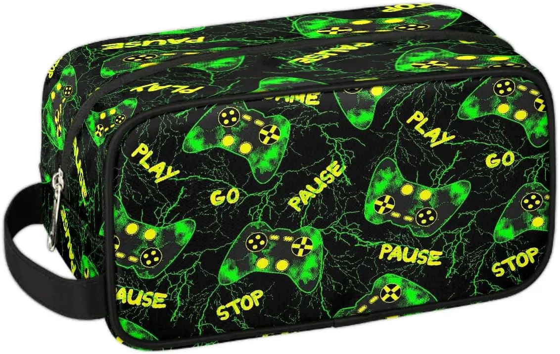 Boys Travel Toiletry Bag, Kids Waterproof Hanging Dopp Kit, Wash Bag with Large Capacity for Travel, Sports, Shower, Green Game Joysticks
