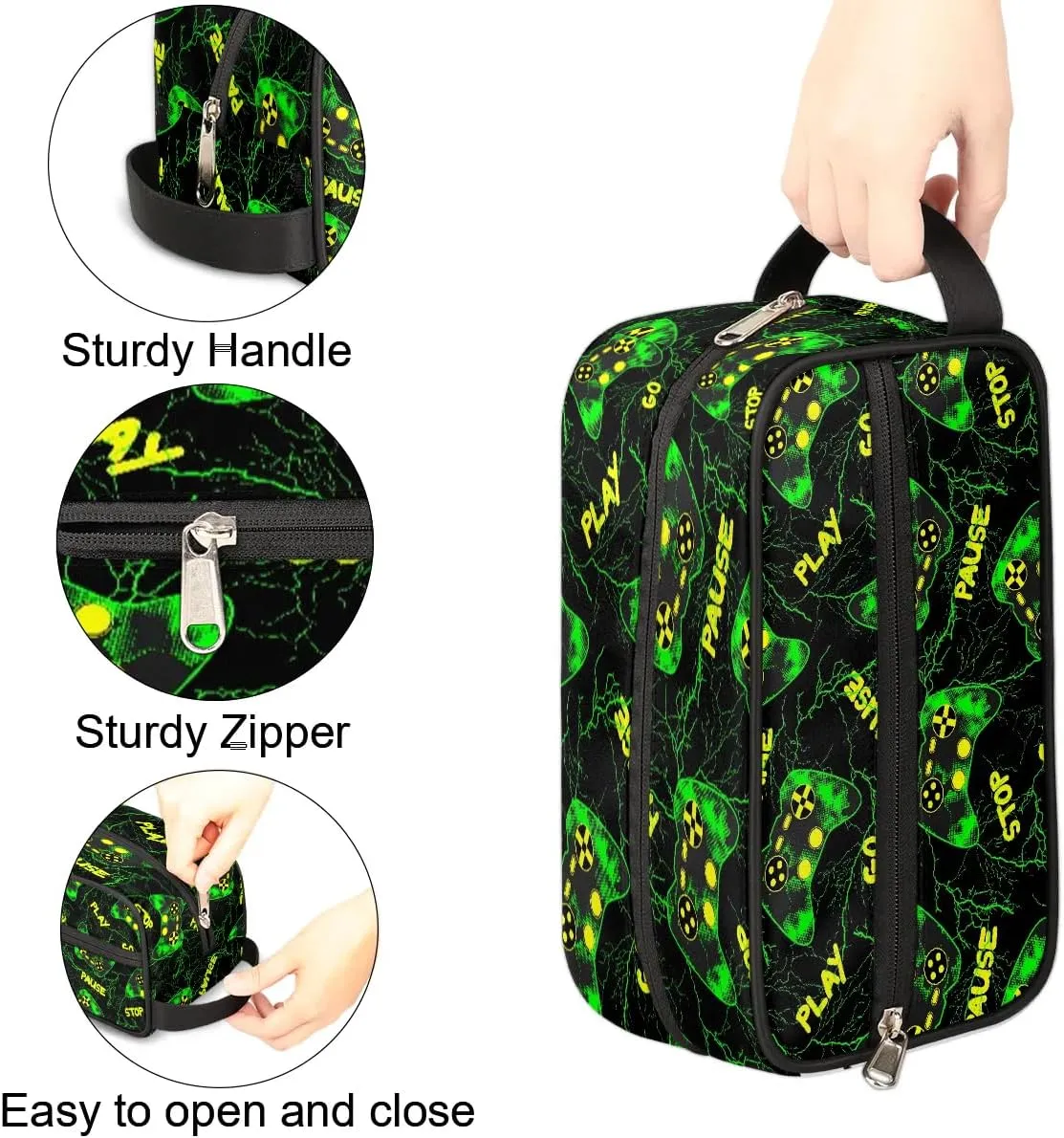 Boys Travel Toiletry Bag, Kids Waterproof Hanging Dopp Kit, Wash Bag with Large Capacity for Travel, Sports, Shower, Green Game Joysticks