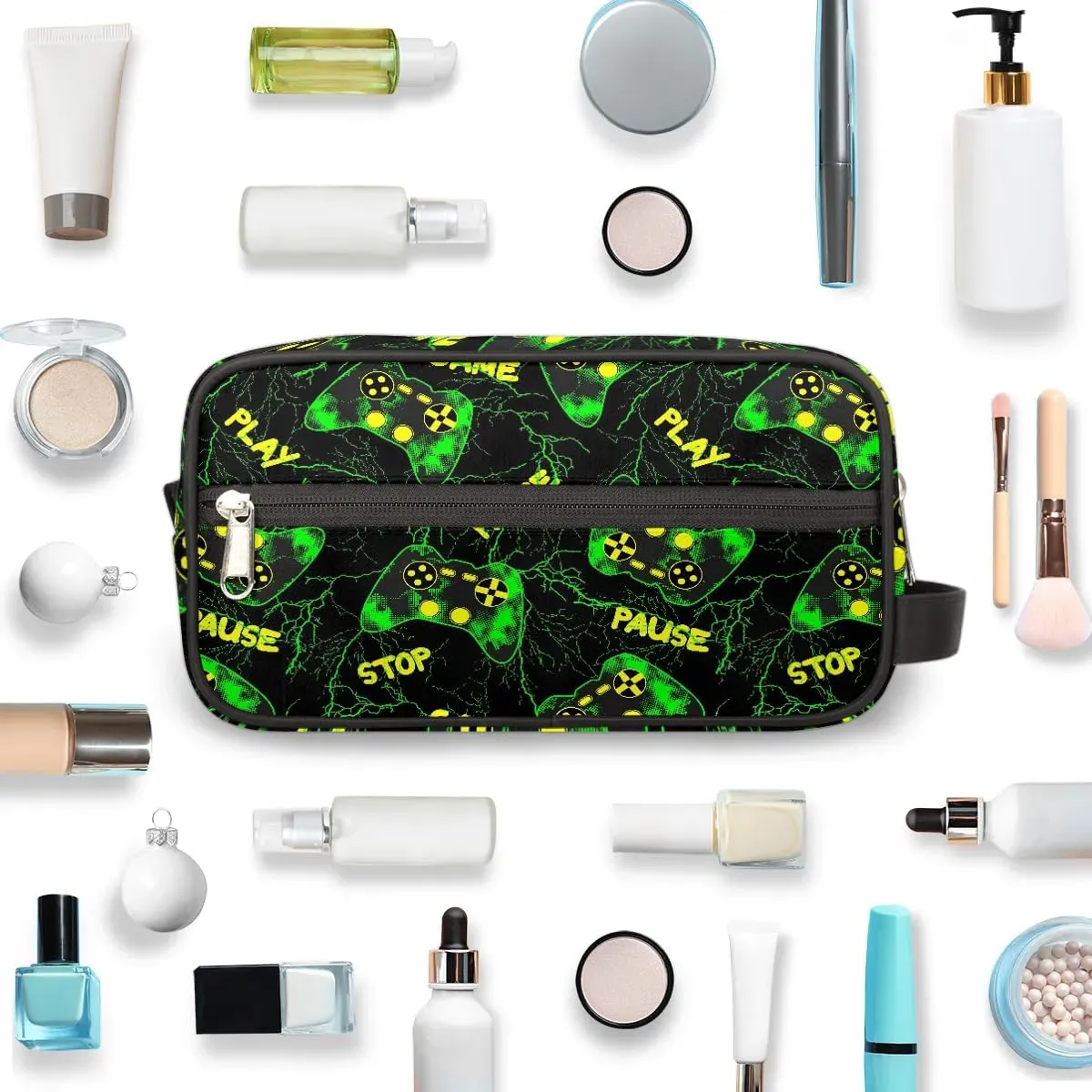 Boys Travel Toiletry Bag, Kids Waterproof Hanging Dopp Kit, Wash Bag with Large Capacity for Travel, Sports, Shower, Green Game Joysticks