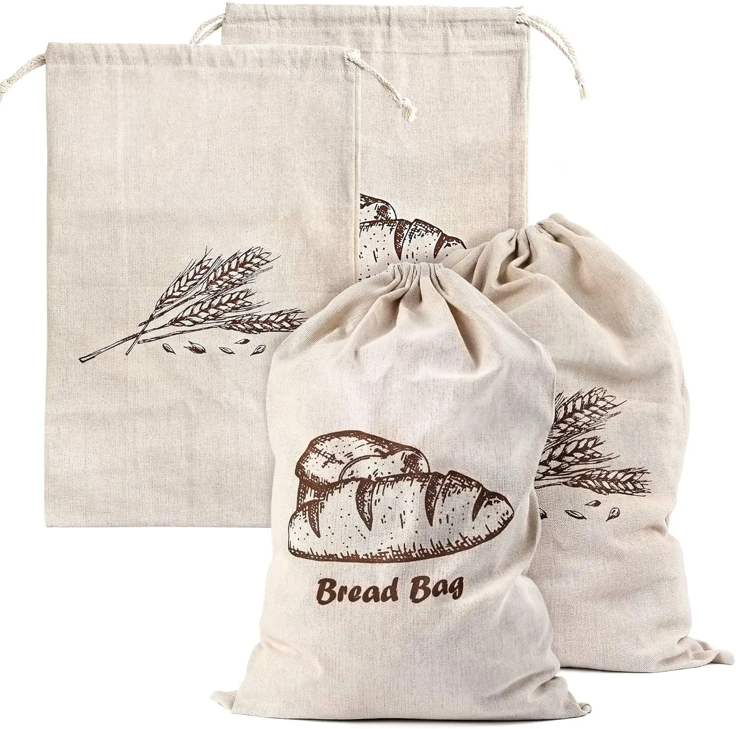 Bread Bag, 4 Pieces Linen Bun Bags for Homemade Container, 17.3×11.6 Inches Unbleached&Reusable Loaf&Baguette Storage,Natural Large Storage for Artisan Roll,With 4 pieces Bread Clips