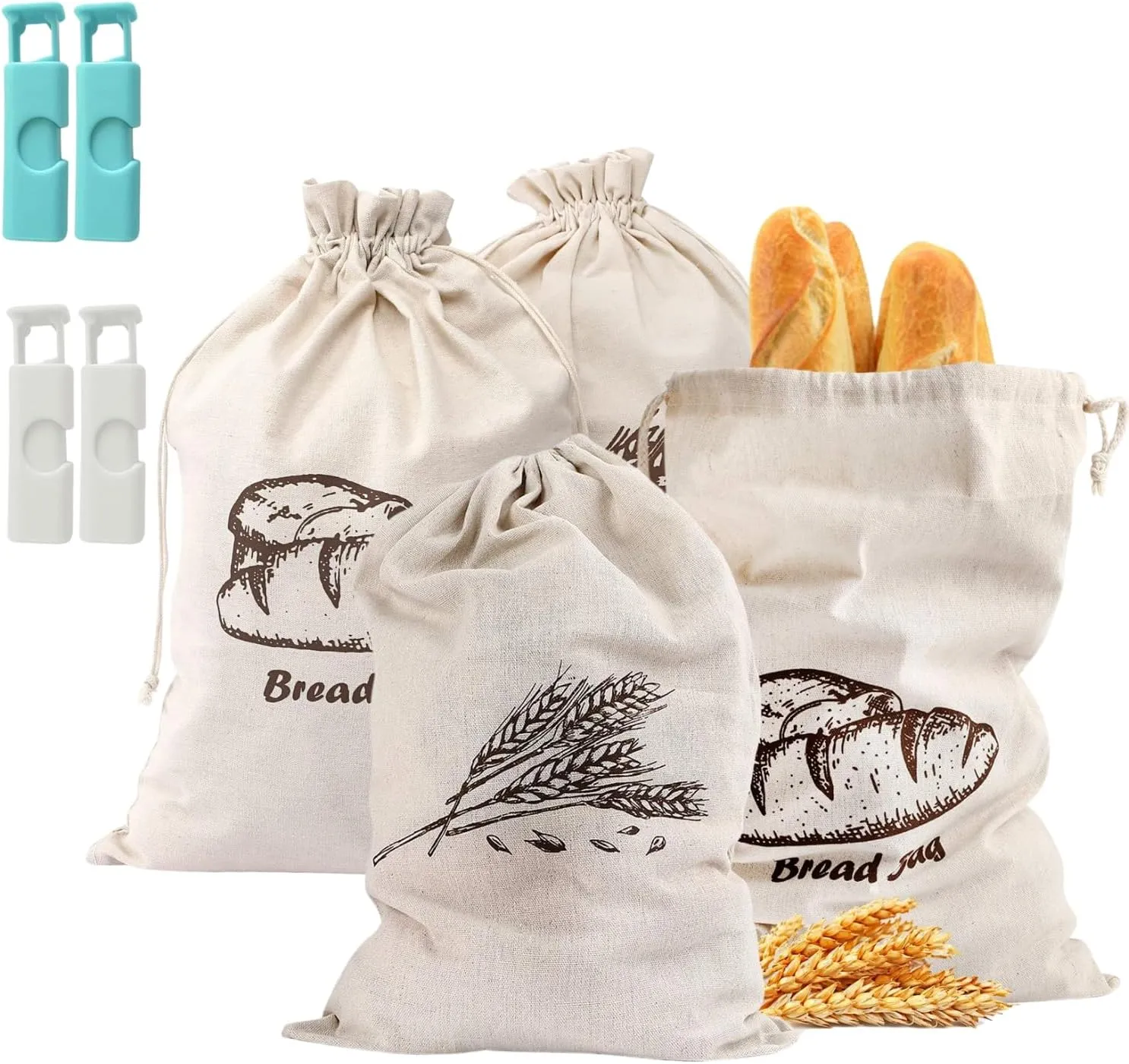 Bread Bag, 4 Pieces Linen Bun Bags for Homemade Container, 17.3×11.6 Inches Unbleached&Reusable Loaf&Baguette Storage,Natural Large Storage for Artisan Roll,With 4 pieces Bread Clips