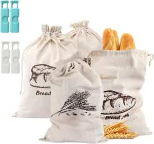 Bread Bag, 4 Pieces Linen Bun Bags for Homemade Container, 17.3×11.6 Inches Unbleached&Reusable Loaf&Baguette Storage,Natural Large Storage for Artisan Roll,With 4 pieces Bread Clips