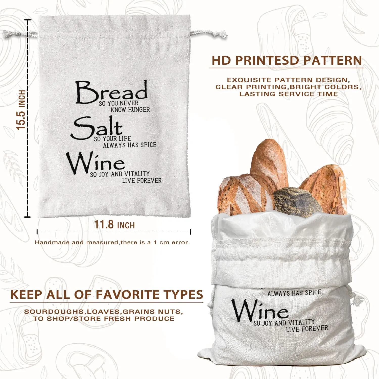 Bread Salt Wine Housewarming Gift for Baker Bread Wine Salt Beeswax Breads Bags for Sourdough Rounds, Linen Bread Bag for Bread Baking Supplies Reusable Storage Homemade Breads Box