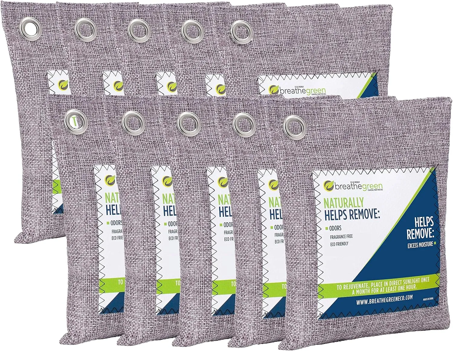 Breathe Green Charcoal Odor Eliminator Bags (10-Pack) | Activated Bamboo Charcoal Deodorizer | Natural Freshener Removes Odor &Moisture | Odor Eliminator for Car, Closet, Bathroom, Gym Bag, Shoes