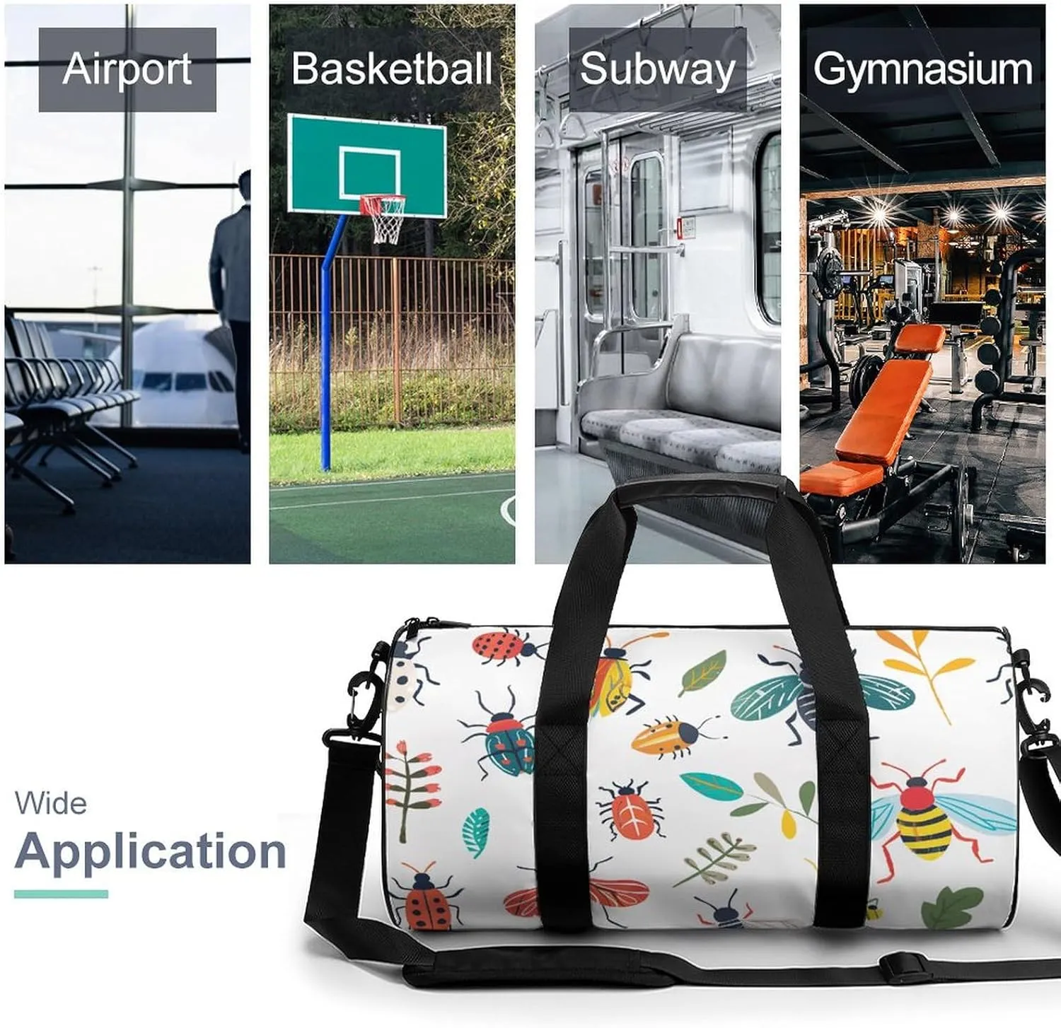 Bright Insect Pattern Gym Bag Small Travel Duffle Bag with Compartment Carry On Weekender Bag for Women Men