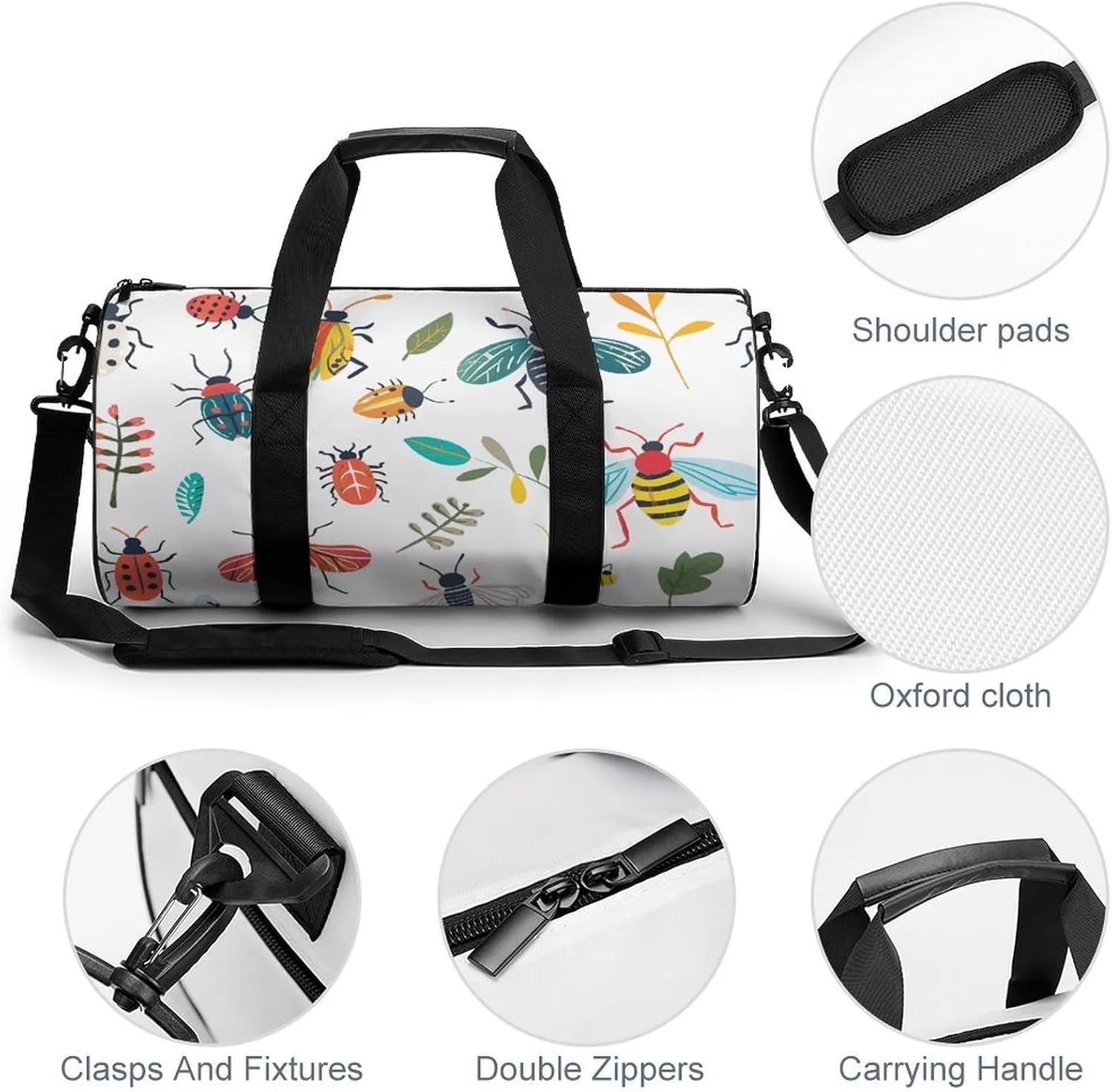 Bright Insect Pattern Gym Bag Small Travel Duffle Bag with Compartment Carry On Weekender Bag for Women Men