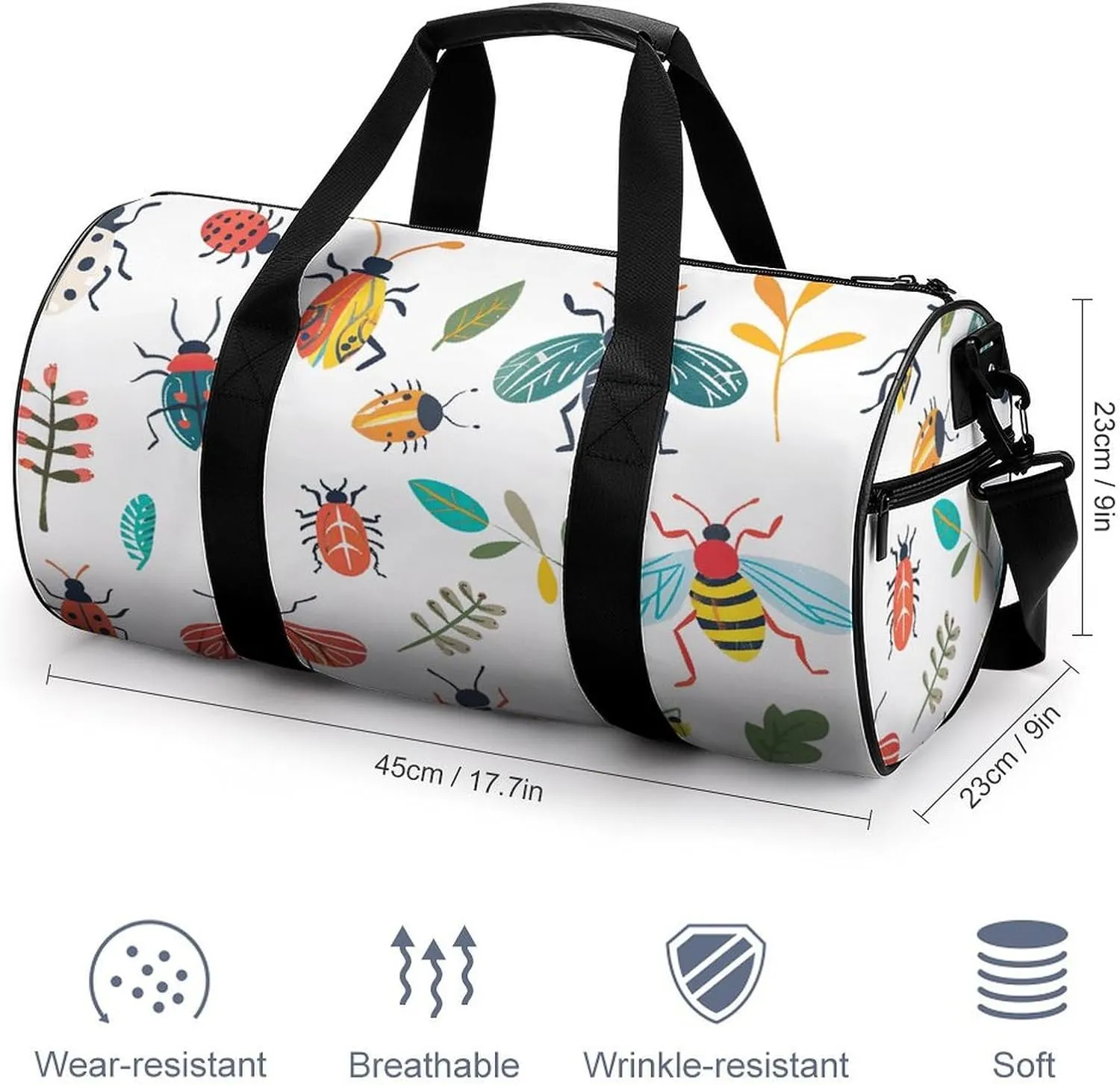 Bright Insect Pattern Gym Bag Small Travel Duffle Bag with Compartment Carry On Weekender Bag for Women Men