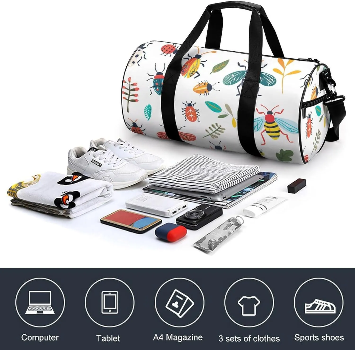 Bright Insect Pattern Gym Bag Small Travel Duffle Bag with Compartment Carry On Weekender Bag for Women Men