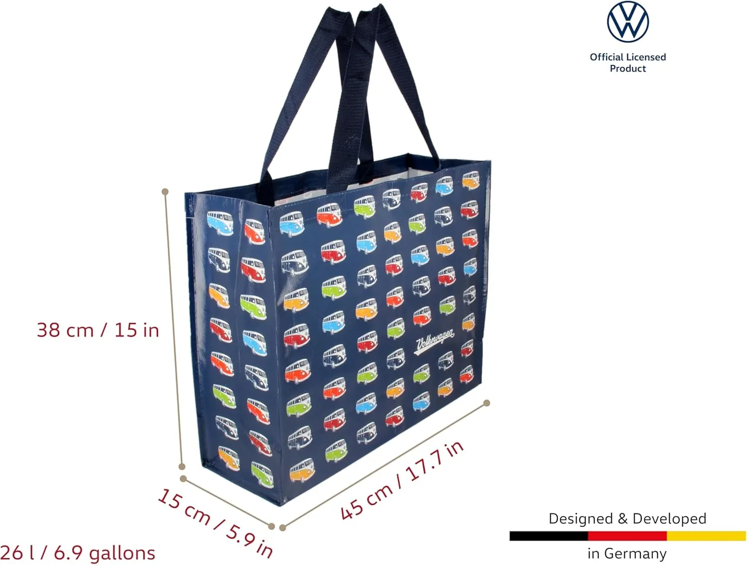 BRISA VW Collection - Volkswagen Reusable Polyester Shopping Bag Grocery Sack with T1 Bus Campervan Motif