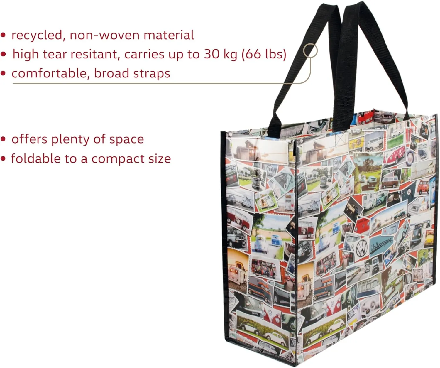 BRISA VW Collection - Volkswagen Reusable Polyester Shopping Bag Grocery Sack with T1 Bus Campervan Motif