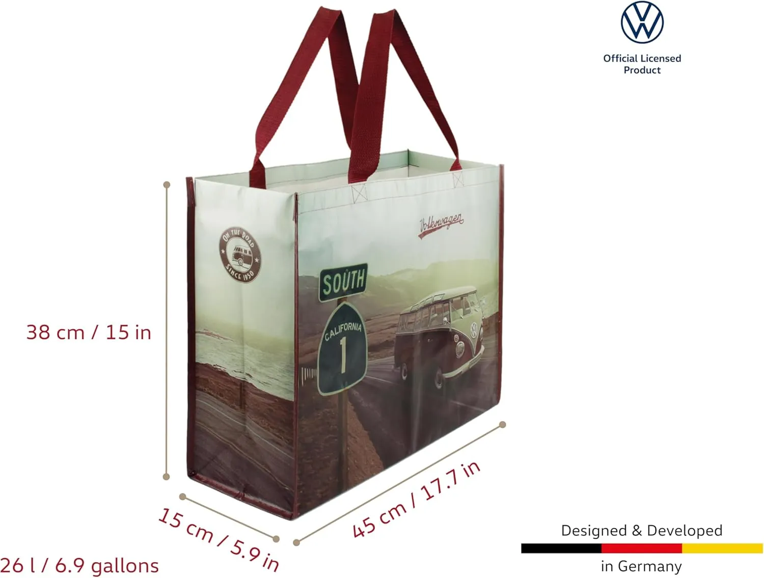 BRISA VW Collection - Volkswagen Reusable Polyester Shopping Bag Grocery Sack with T1 Bus Campervan Motif