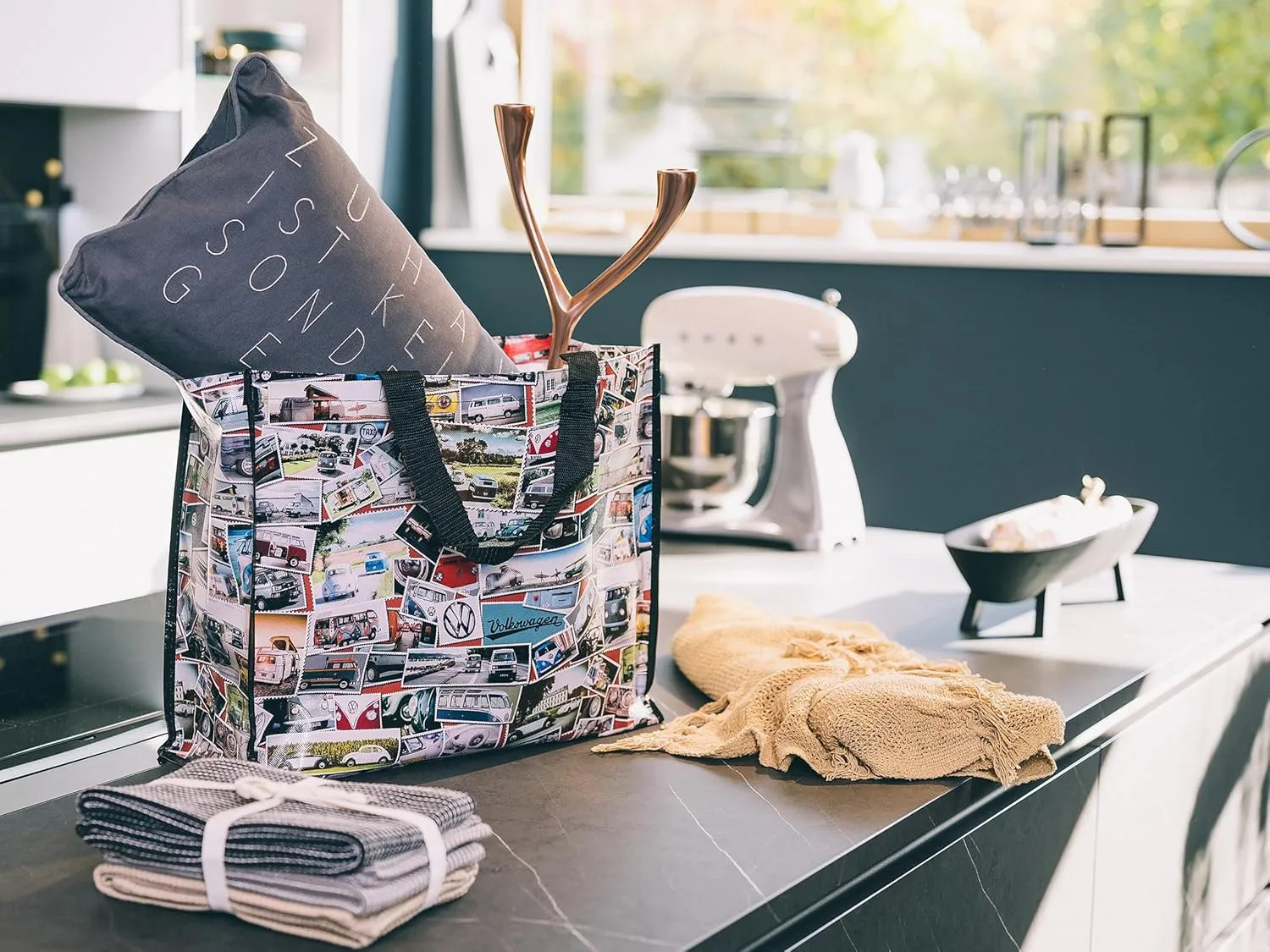 BRISA VW Collection - Volkswagen Reusable Polyester Shopping Bag Grocery Sack with T1 Bus Campervan Motif